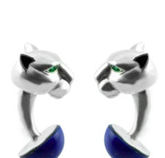 Panther Emeralds Onyx Black Enamel Silver  925 Cufflinks