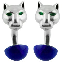 Gemelli con pantera in argento 925 con smalto smeraldo e lapislazzuli