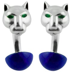 Boutons de manchette panthère en argent sterling 925, émeraude, lapis-lazuli et émail