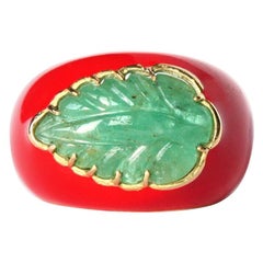 Emerald Leaf 18 Karat Gold Red Enamel Band Ring