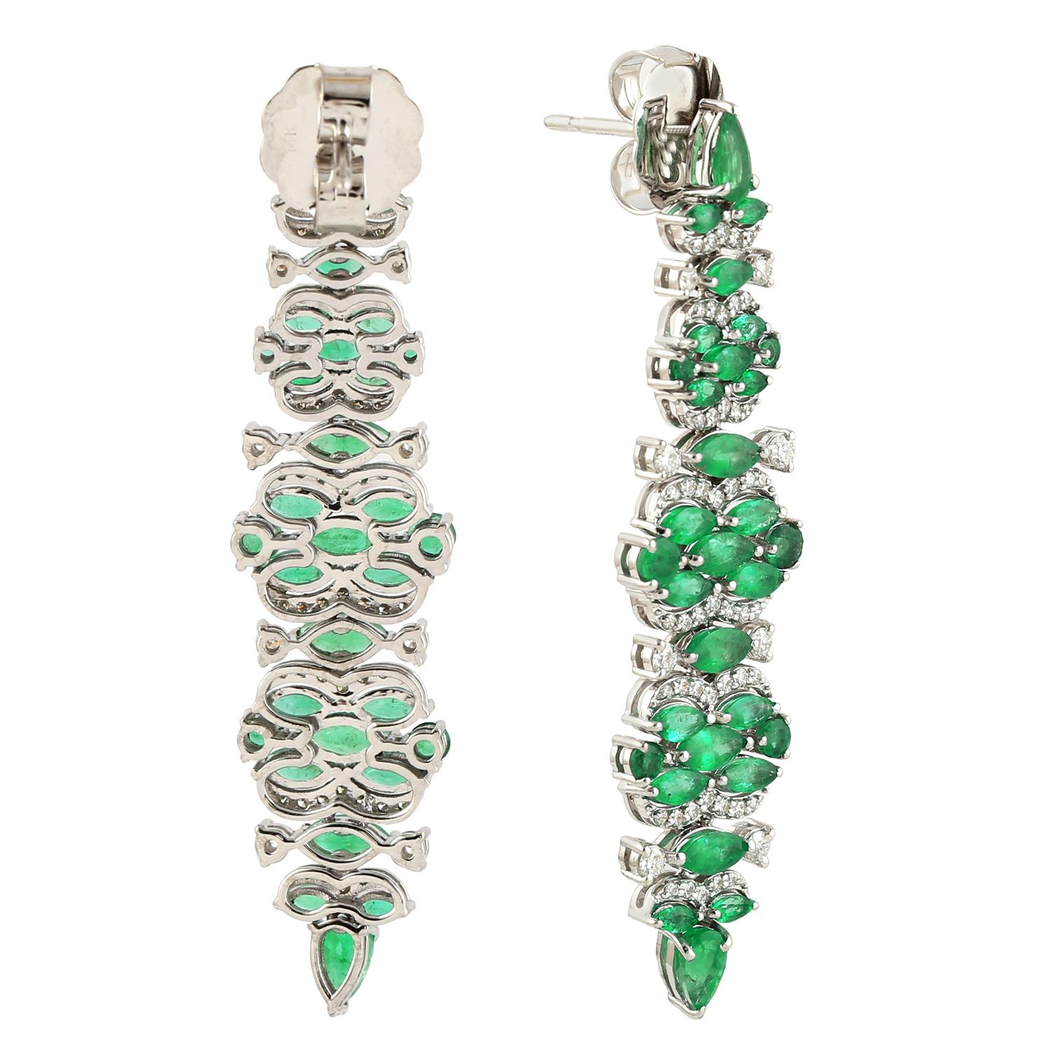 Contemporary Emerald Long Dangle Earrings With Diamonds Made In 14k White Gold For Sale
