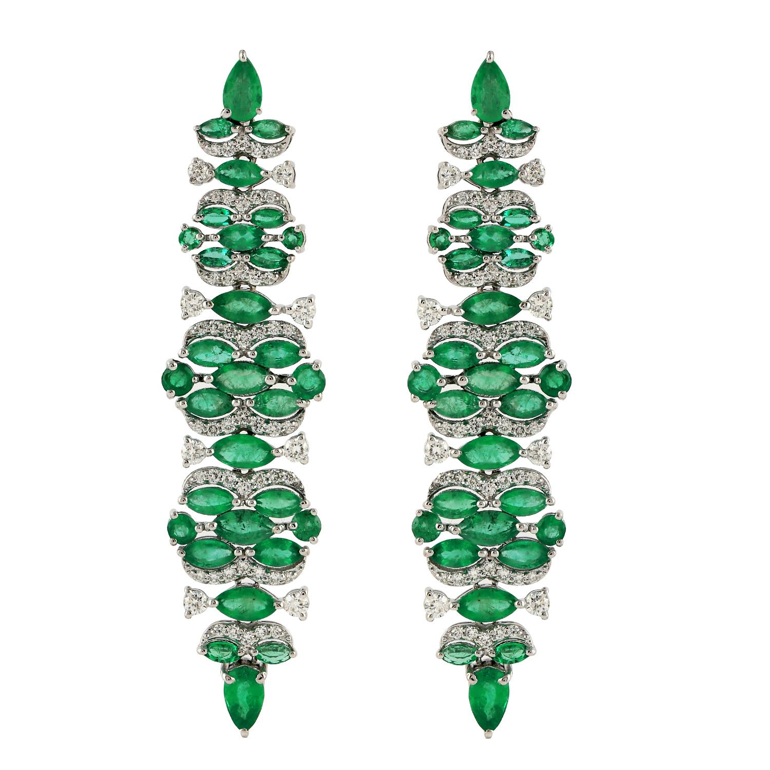 Mixed Cut Emerald Long Dangle Earrings With Diamonds Made In 14k White Gold For Sale