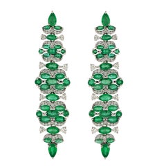Emerald Long Dangle Earrings With Diamonds Made In 14k White Gold