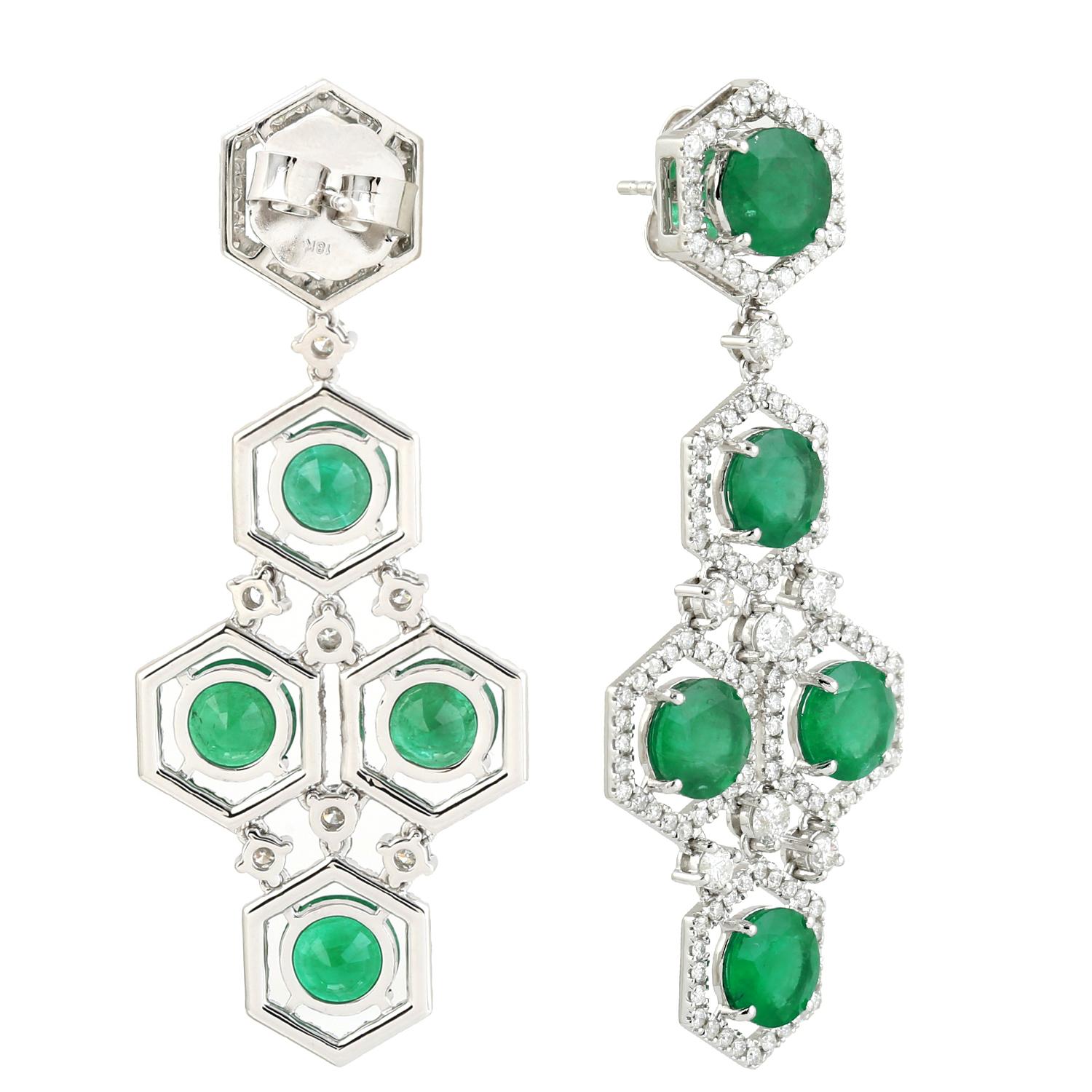 Art Nouveau Round Emerald Long Earrings With Diamonds Made In 18k White Gold For Sale