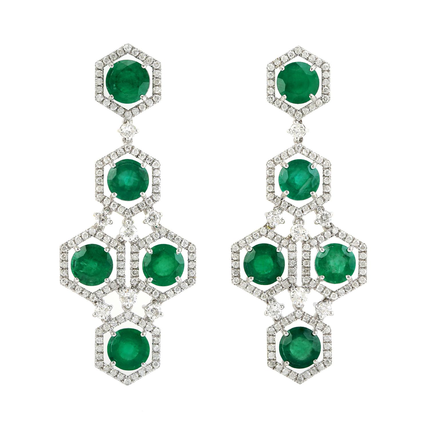 Mixed Cut Round Emerald Long Earrings With Diamonds Made In 18k White Gold For Sale