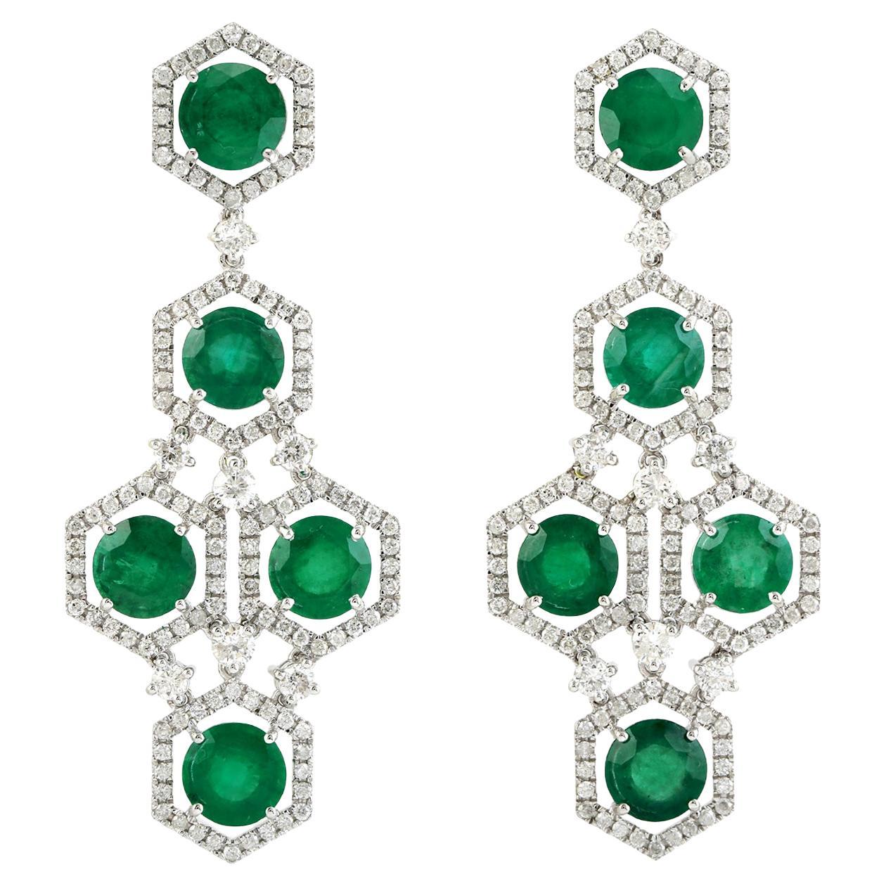 Round Emerald Long Earrings With Diamonds Made In 18k White Gold