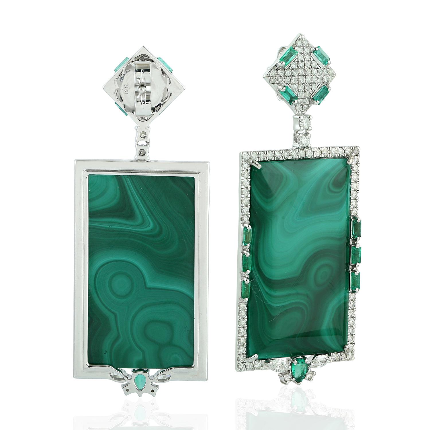 Contemporary Emerald Malachite Diamond 18 Karat White Gold Earrings For Sale