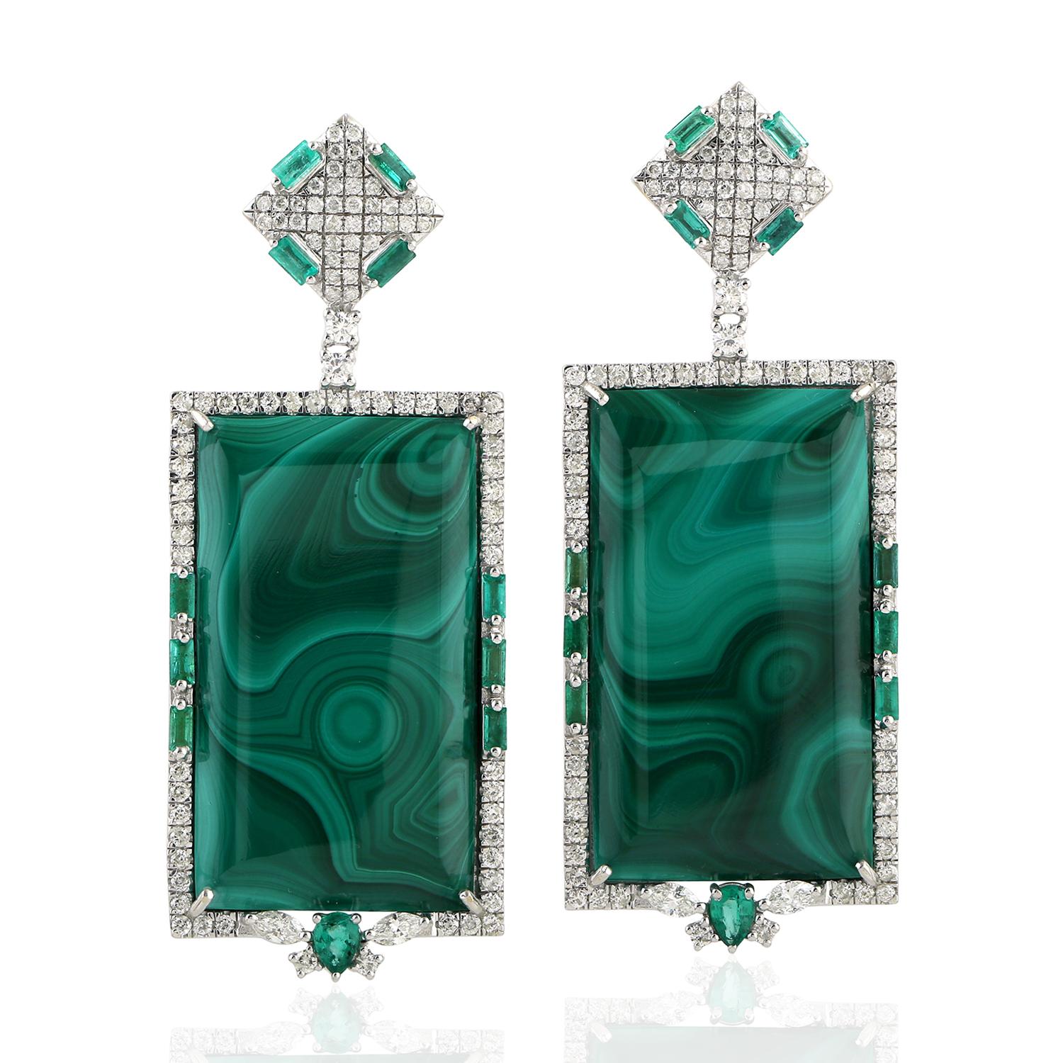 Square Cut Emerald Malachite Diamond 18 Karat White Gold Earrings For Sale