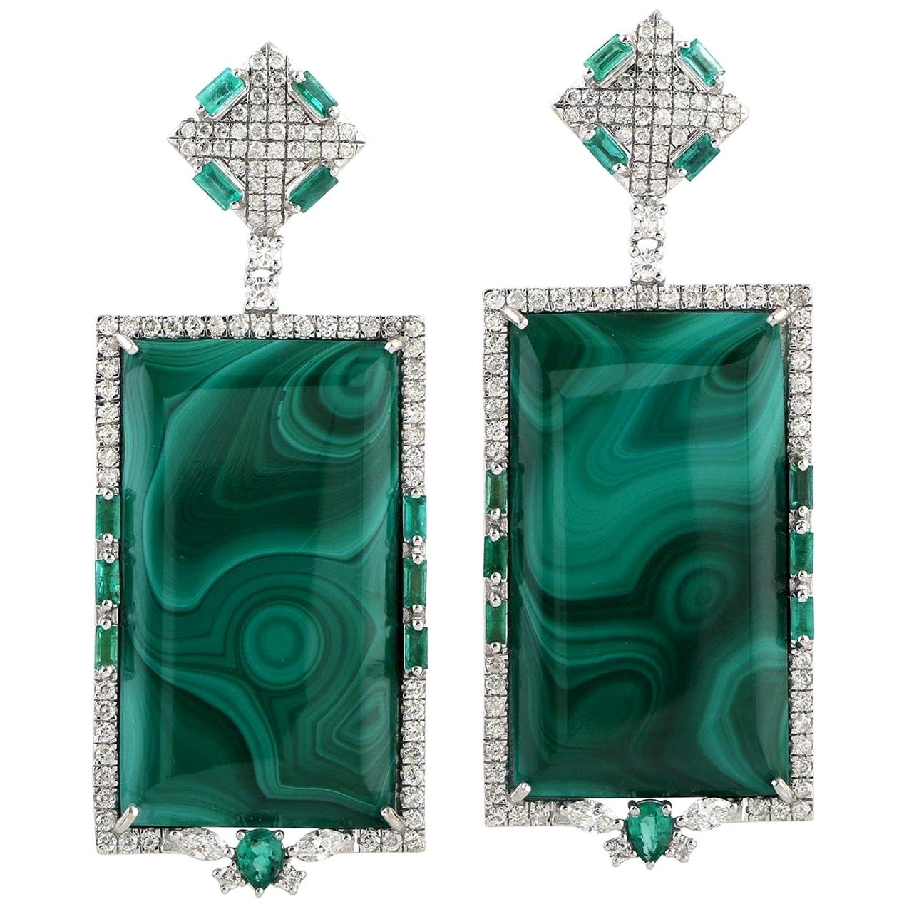 Emerald Malachite Diamond 18 Karat White Gold Earrings