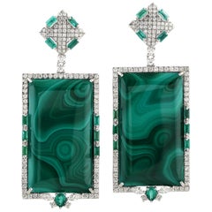 Boucles d'oreilles en or blanc 18 carats avec émeraude, malachite et diamant