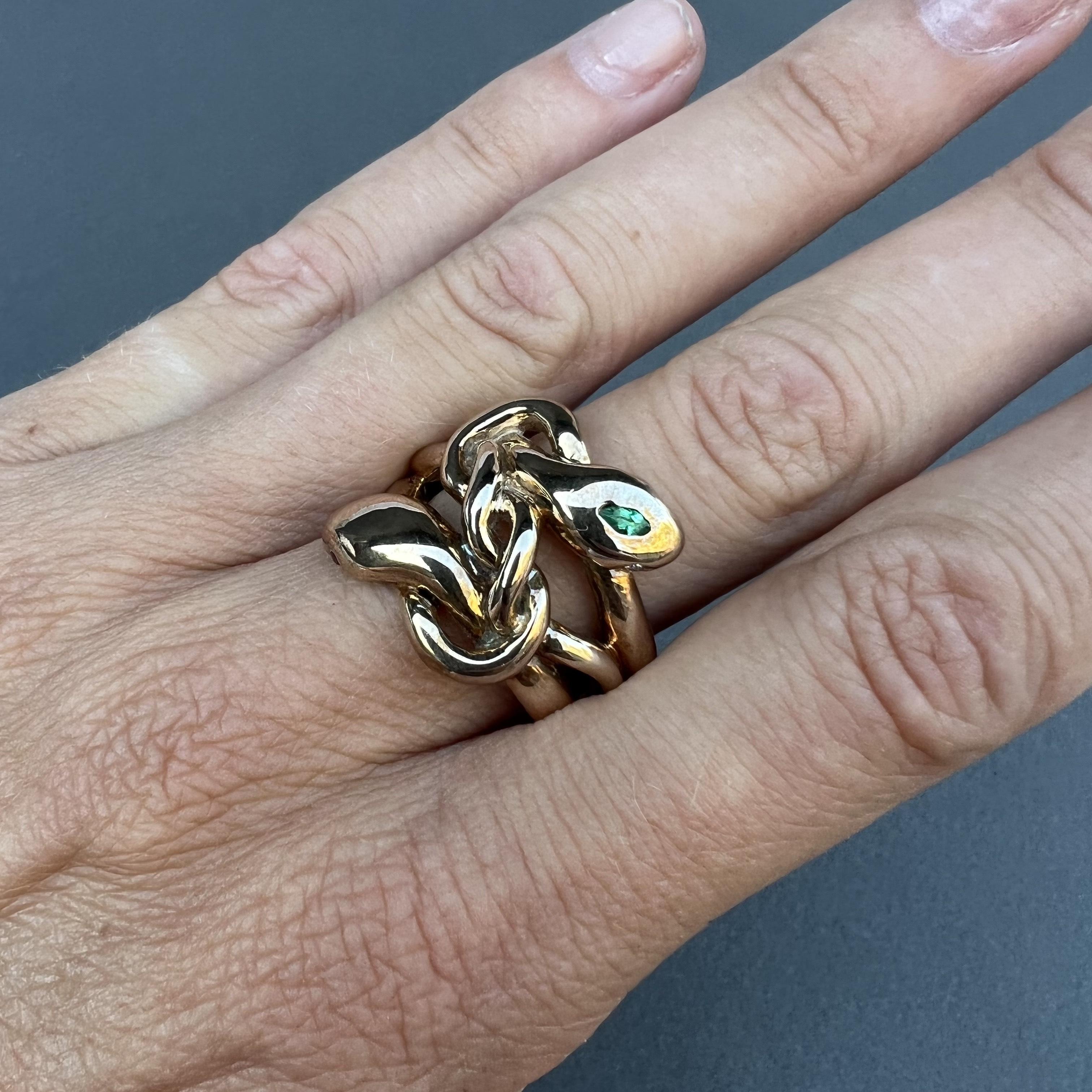 Contemporary Emerald Marquis Gold Double Head Snake Ring Victorian Style Cocktail Ring For Sale