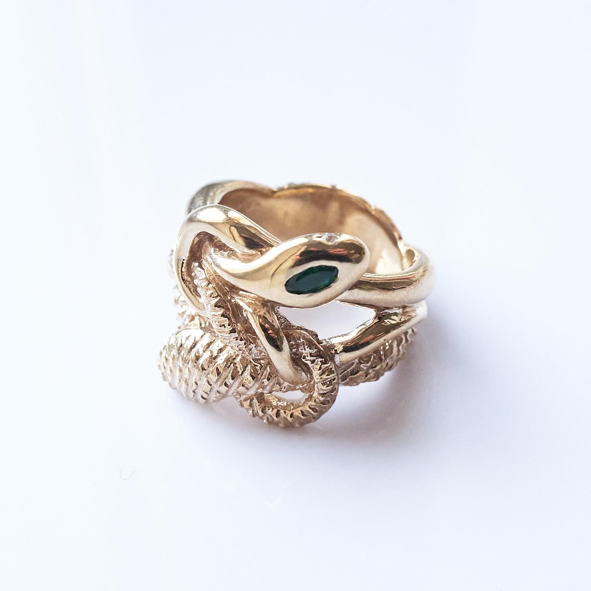 Emerald Marquis White Diamond Ruby Snake Ring Victorian Style Bronze J Dauphin For Sale 1