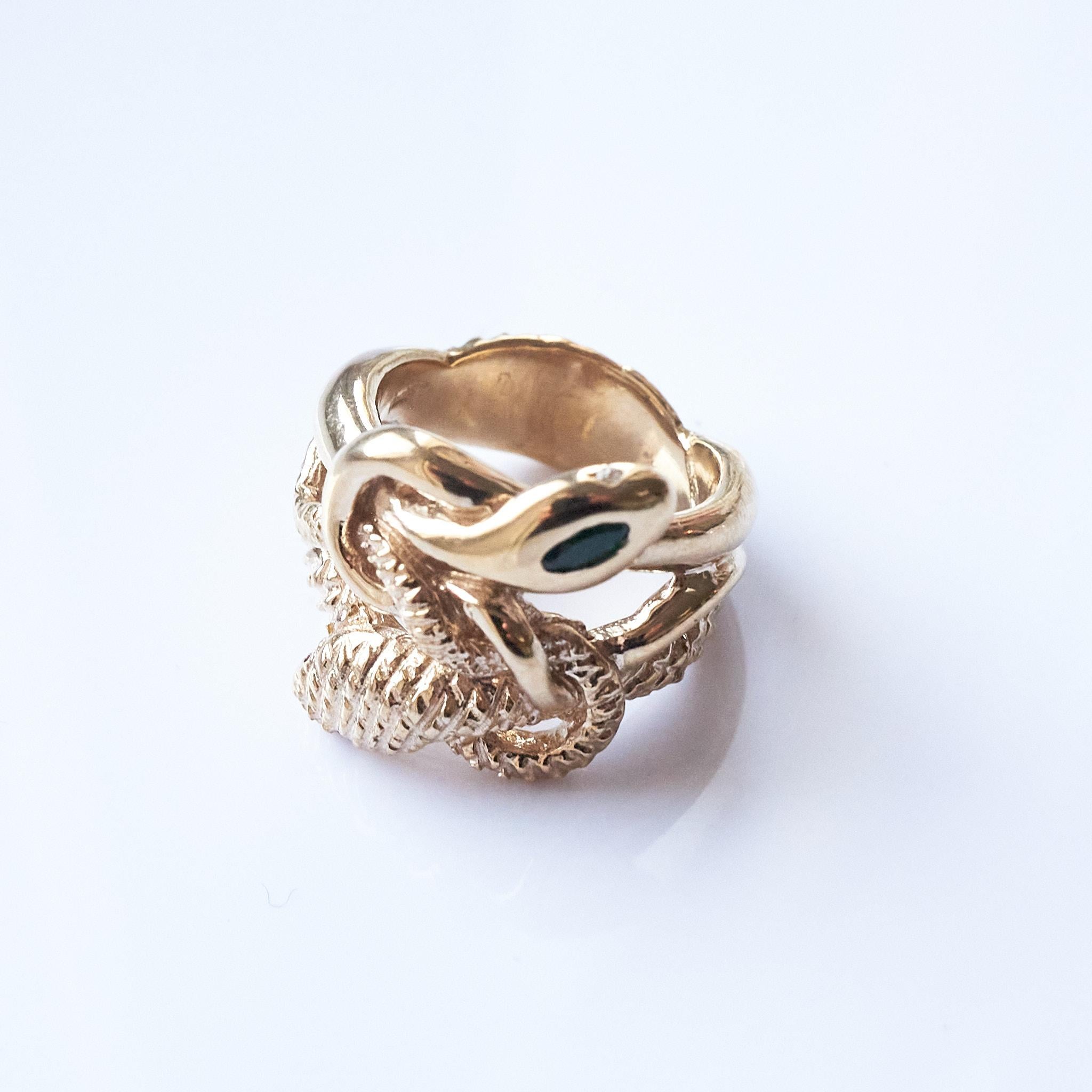 Smeraldo, diamante bianco e rubino, anello a serpente in stile vittoriano in bronzo J DAUPHIN 3