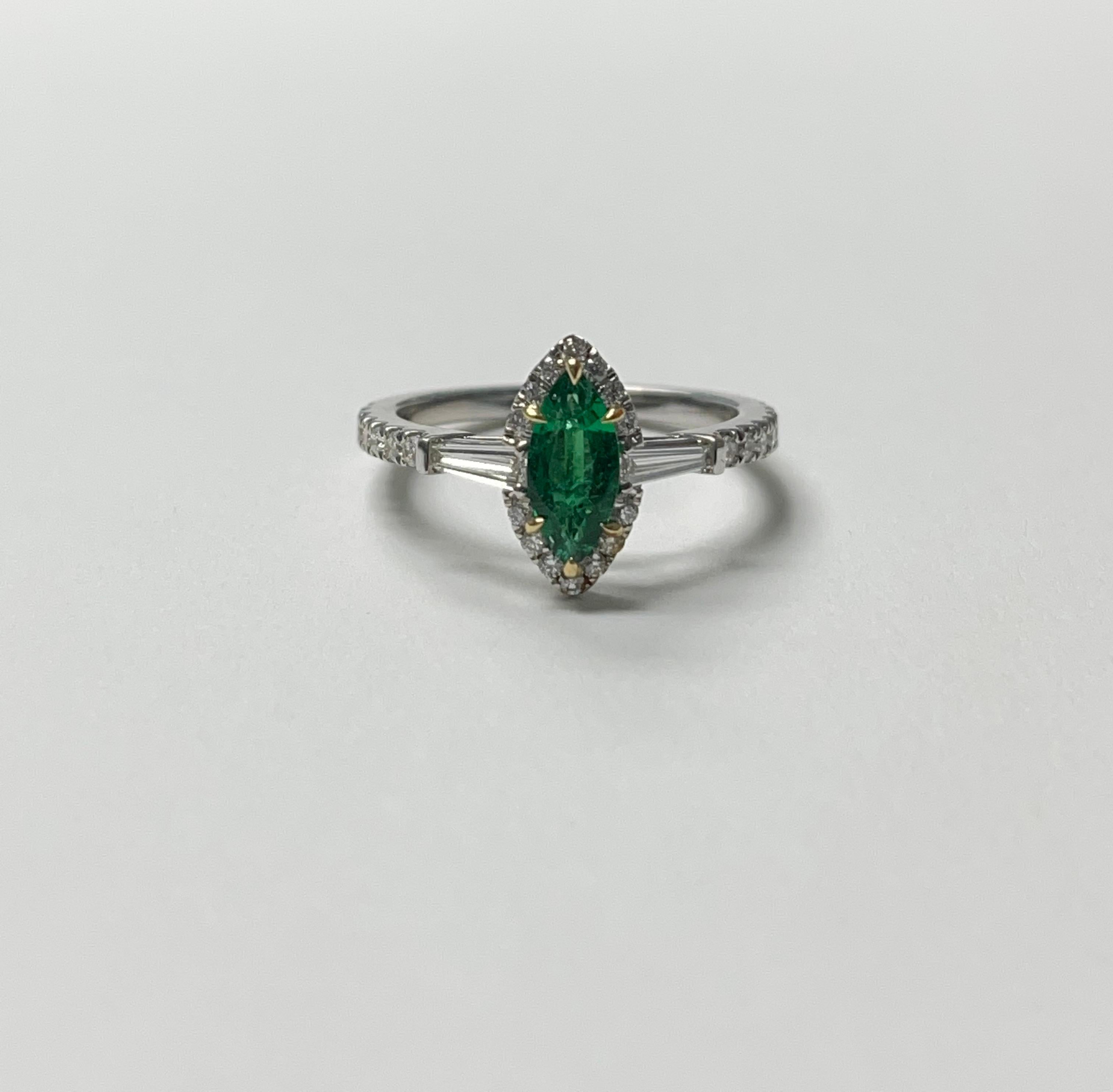 Marquise Cut Emerald Marquise and Diamond Engagement Ring in 18k White Gold For Sale
