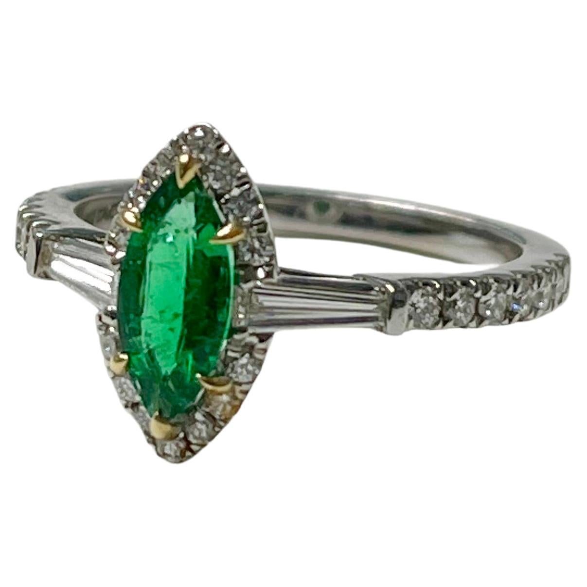 Emerald Marquise and Diamond Engagement Ring in 18k White Gold For Sale