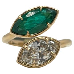 Emerald Marquise and White Diamond Marquise Bypass Ring in 18K Yellow Gold