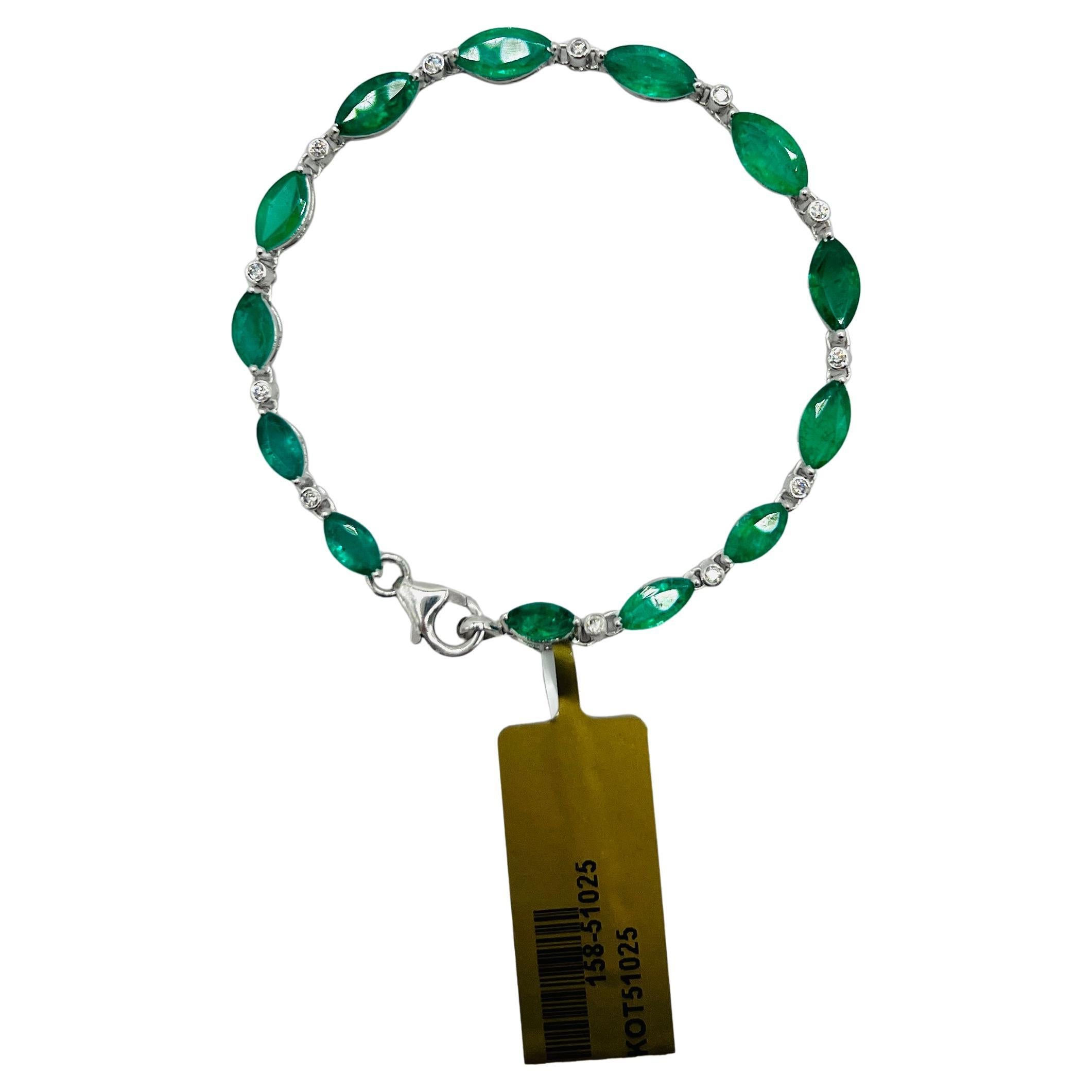 Emerald Marquise and White Diamond Round Bracelet in 18K White Gold For Sale