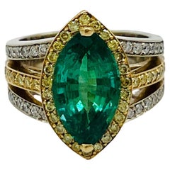 Emerald Marquise and White Round Diamond Cocktail Ring in 18K 2 Tone Gold
