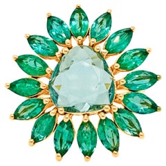 Emerald Marquise & Aquamarine Unshape Ring In 18K Yellow Gold