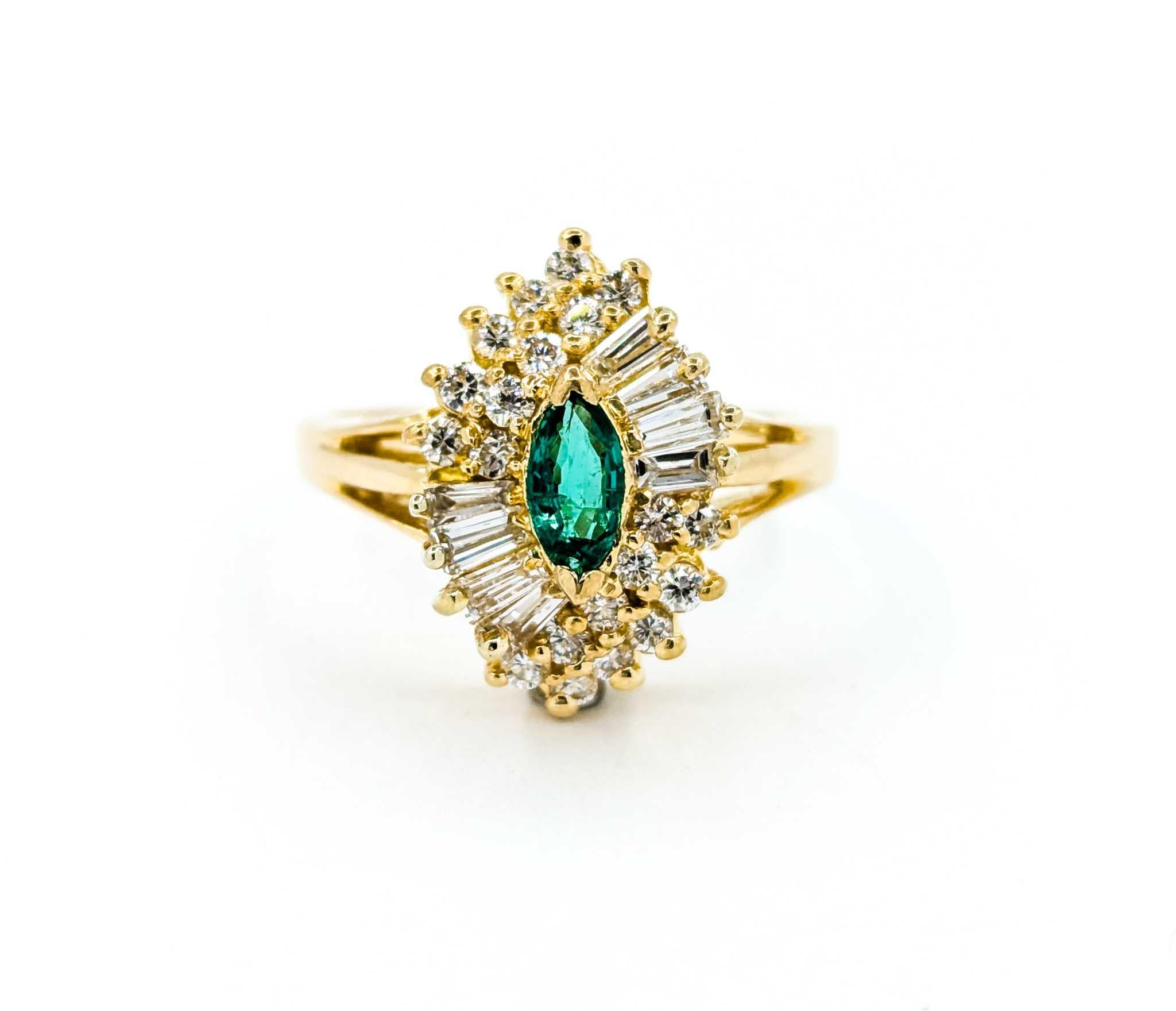 Emerald Marquise & Baguette Diamond Ballerina Ring in Yellow Gold For Sale 6