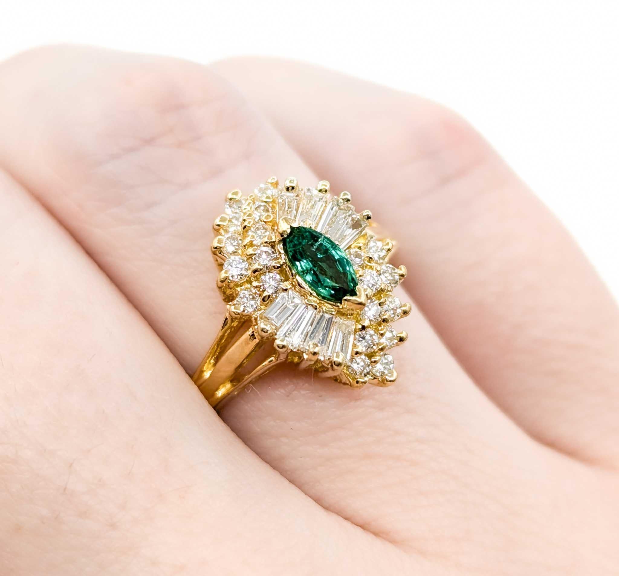 Emerald Marquise & Baguette Diamond Ballerina Ring in Yellow Gold In Excellent Condition For Sale In Bloomington, MN