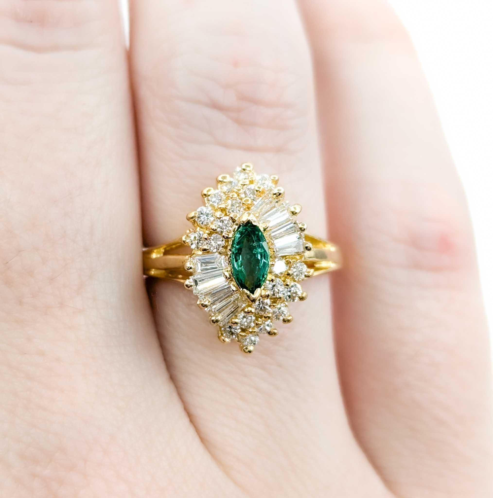 Women's Emerald Marquise & Baguette Diamond Ballerina Ring in Yellow Gold For Sale