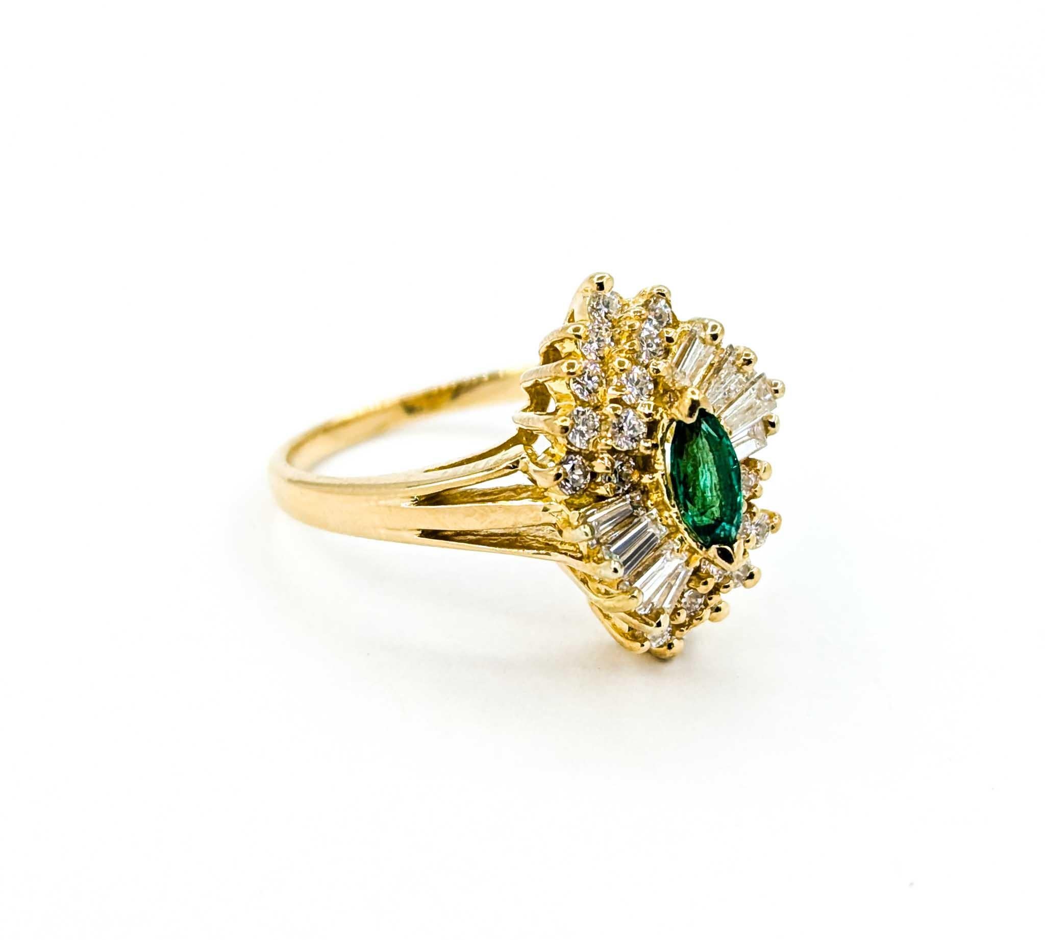 Emerald Marquise & Baguette Diamond Ballerina Ring in Yellow Gold For Sale 1