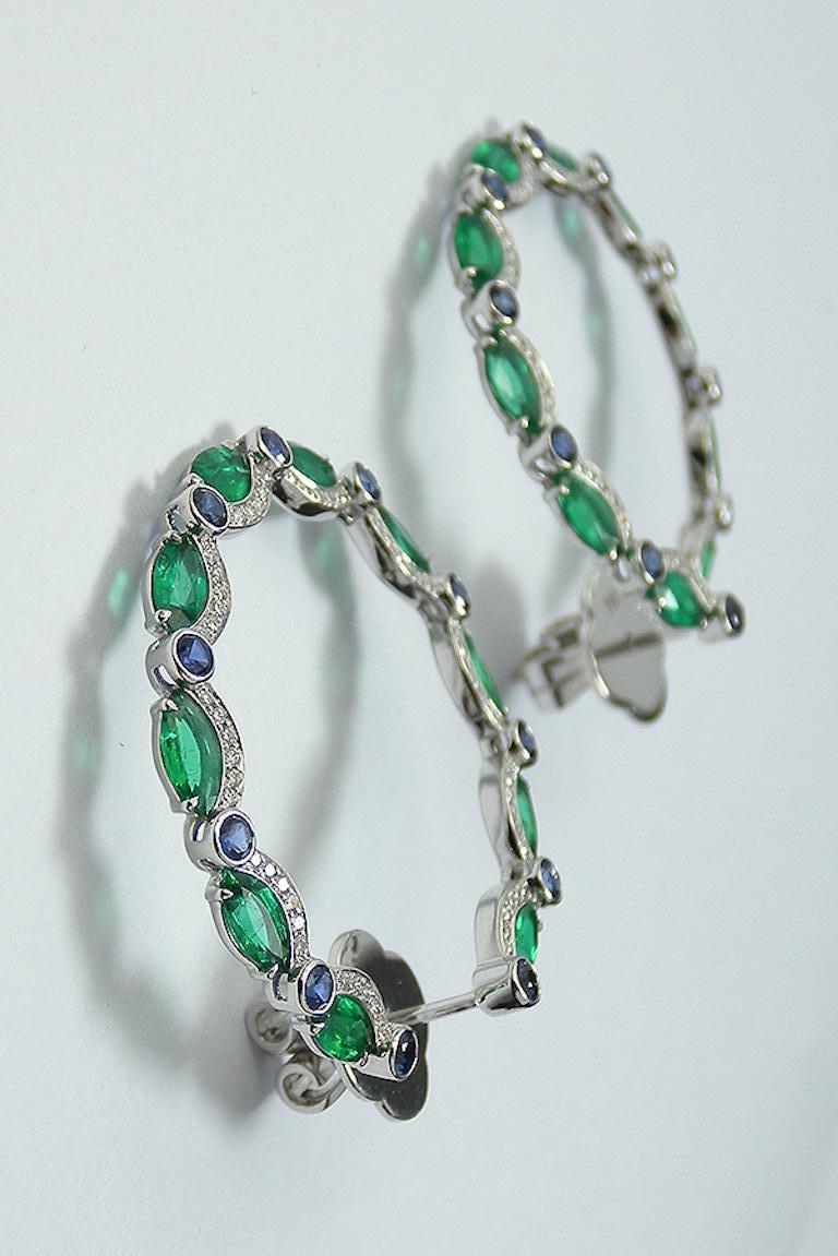 Marquise Cut Emerald Marquise Blue Sapphire and Diamond Hoop Earrings For Sale