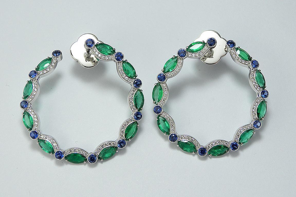 Emerald Marquise Blue Sapphire and Diamond Hoop Earrings In New Condition For Sale In La Neuveville, Berne