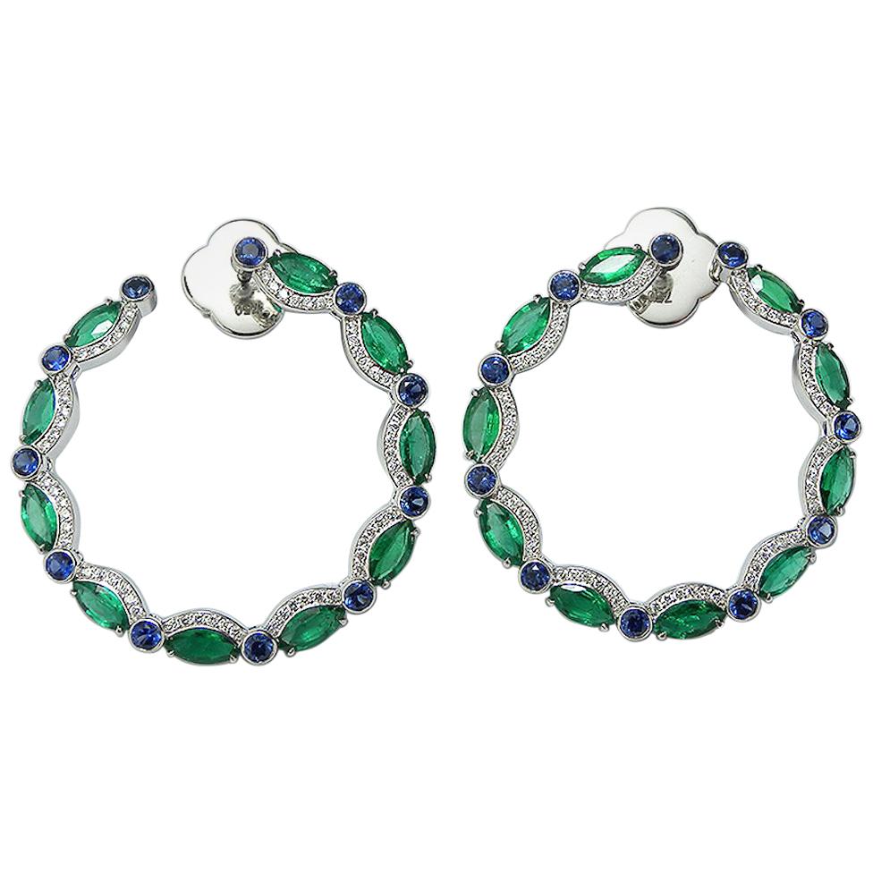 Emerald Marquise Blue Sapphire and Diamond Hoop Earrings For Sale