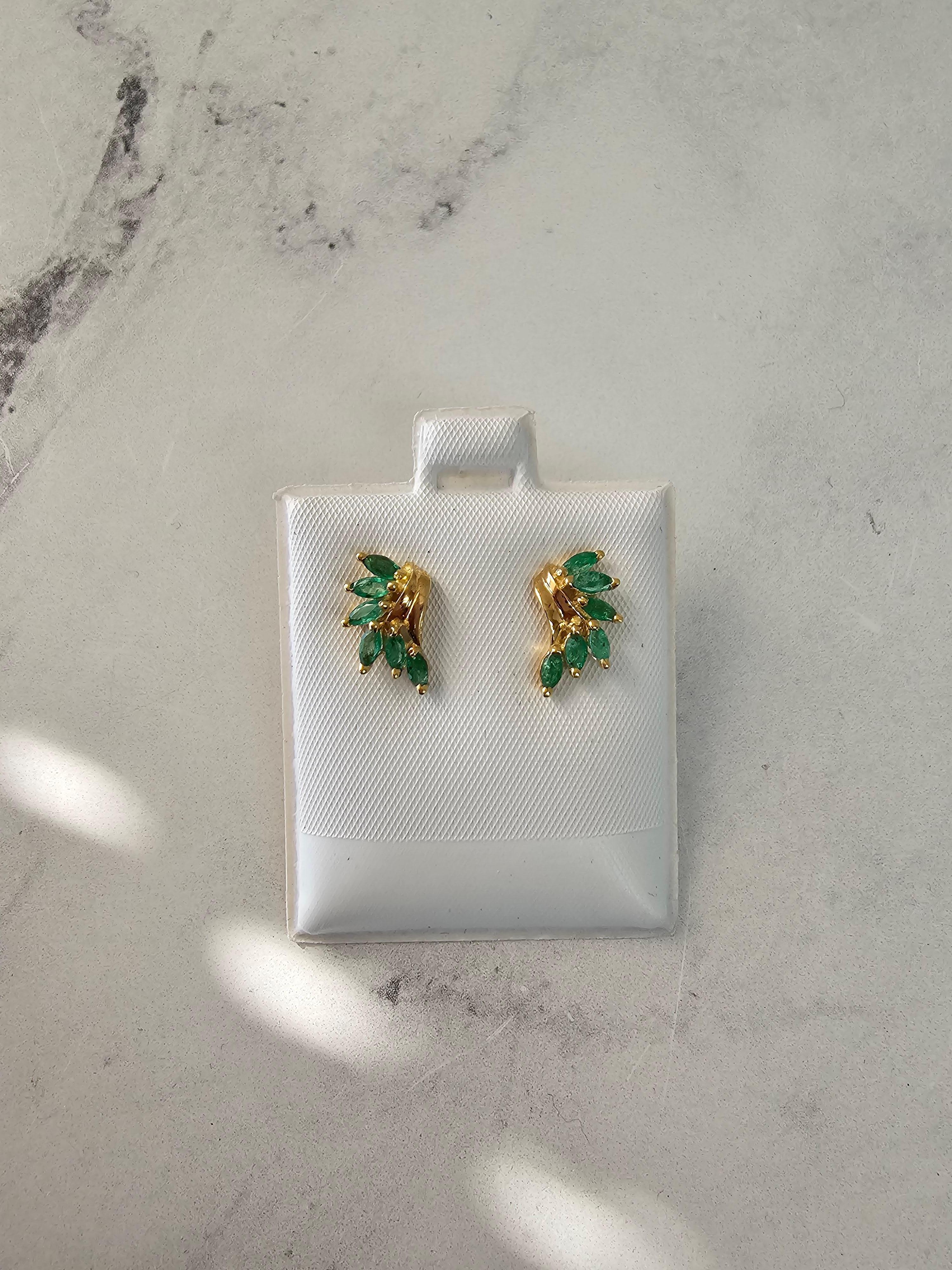 Marquise Cut Emerald Marquise Cluster Earrings 14k Yellow Gold For Sale