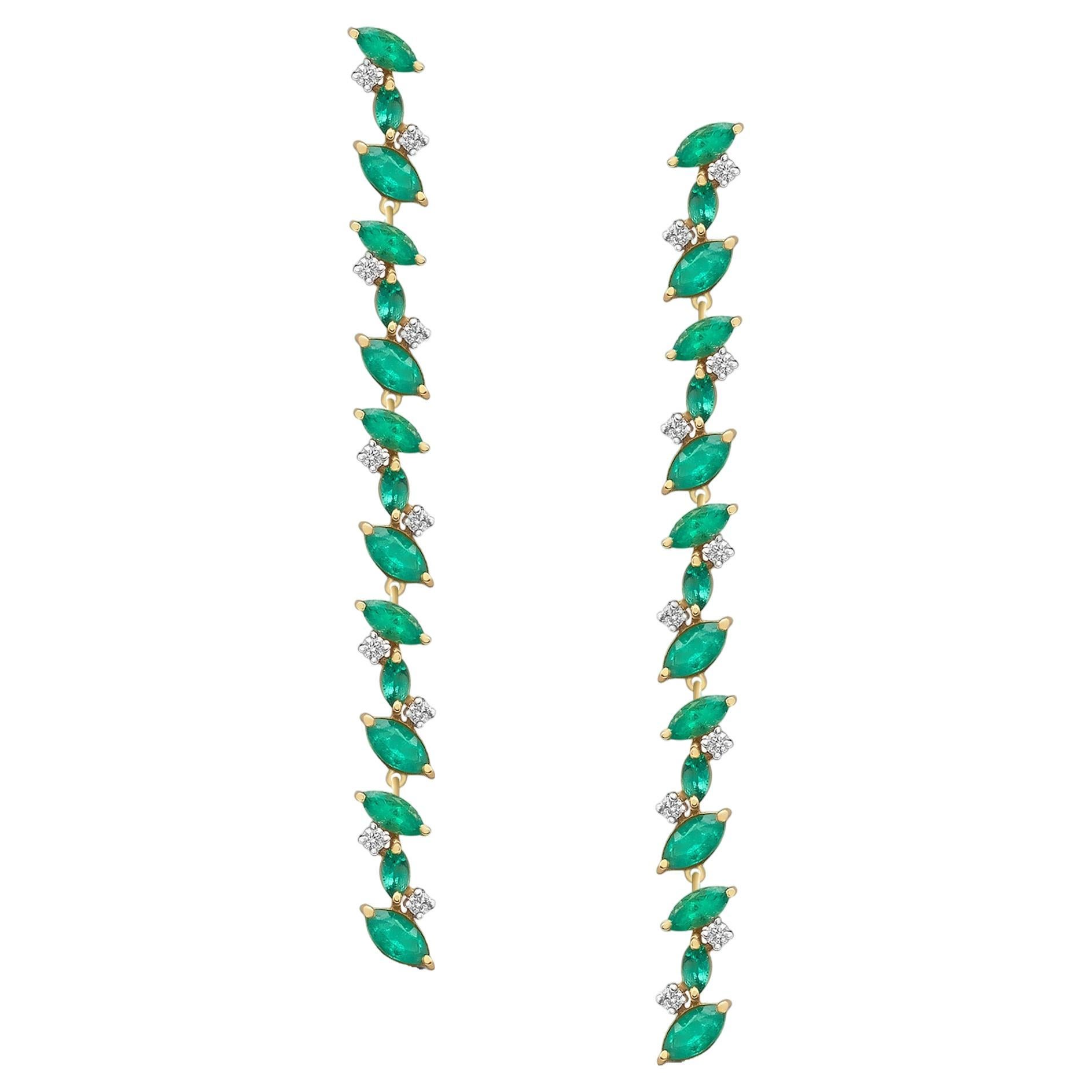 Emerald Marquise & Diamond Earring In 18K Yellow Gold For Sale