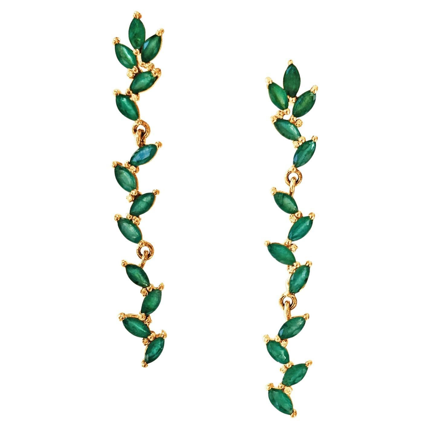Emerald Marquise & Diamond Earring In 18K Yellow Gold For Sale