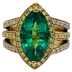 Emerald Marquise, White and Yellow Diamond Cocktail Ring in 18K Gold