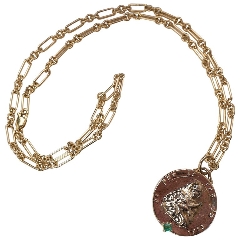 Squared Emerald Set in Gold Prong on gold filled Chain Necklace the Medal Coin Pendant of Joan Of Arc is solid bronze.
Designer: J Dauphin
24
