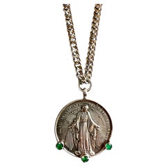 Emerald Medal Chain Necklace Virgin Mary Coin Sterling Silver