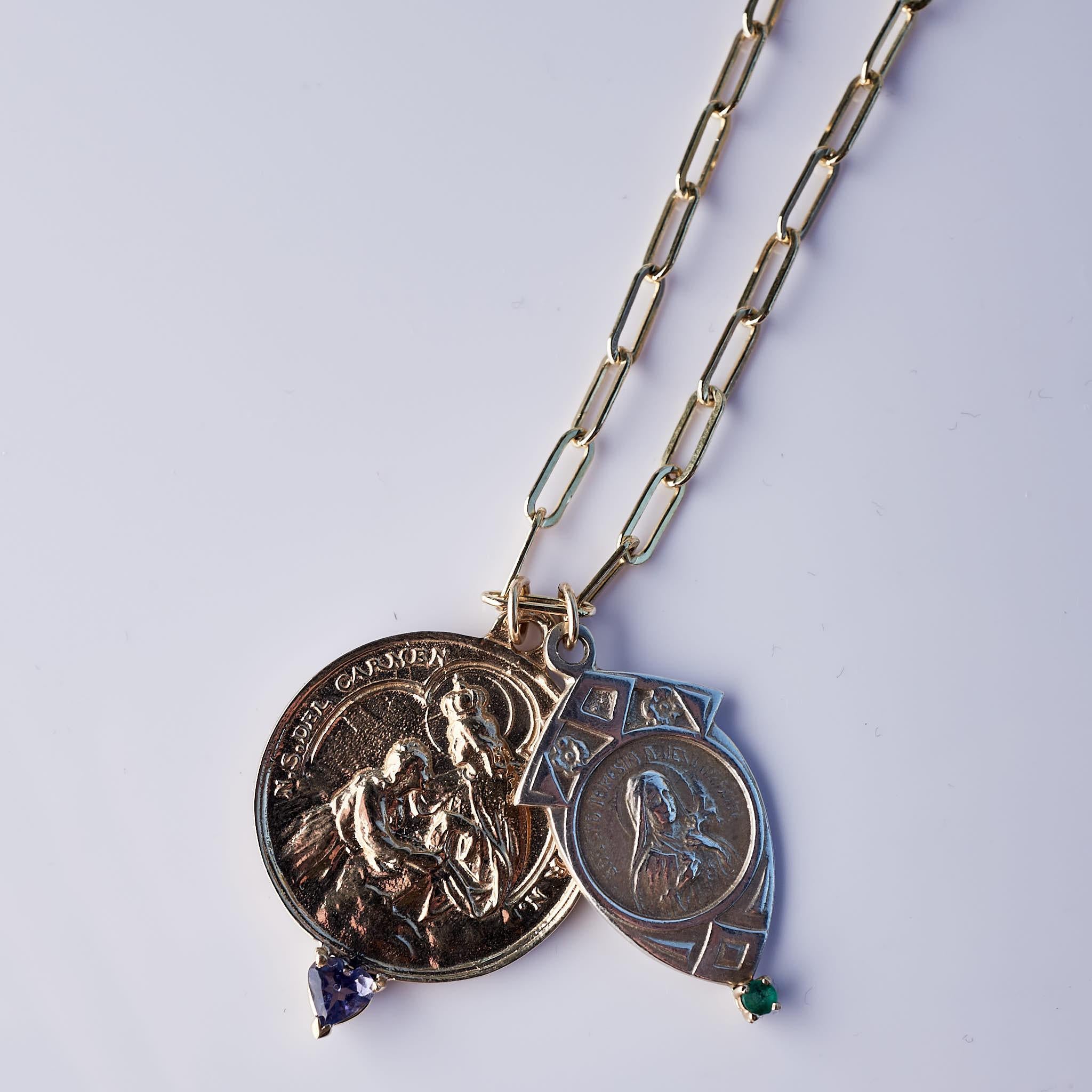 Brilliant Cut Emerald Medal Chain Necklace Virgin Mary Heart Tanzanite Silver Bronze J Dauphin For Sale