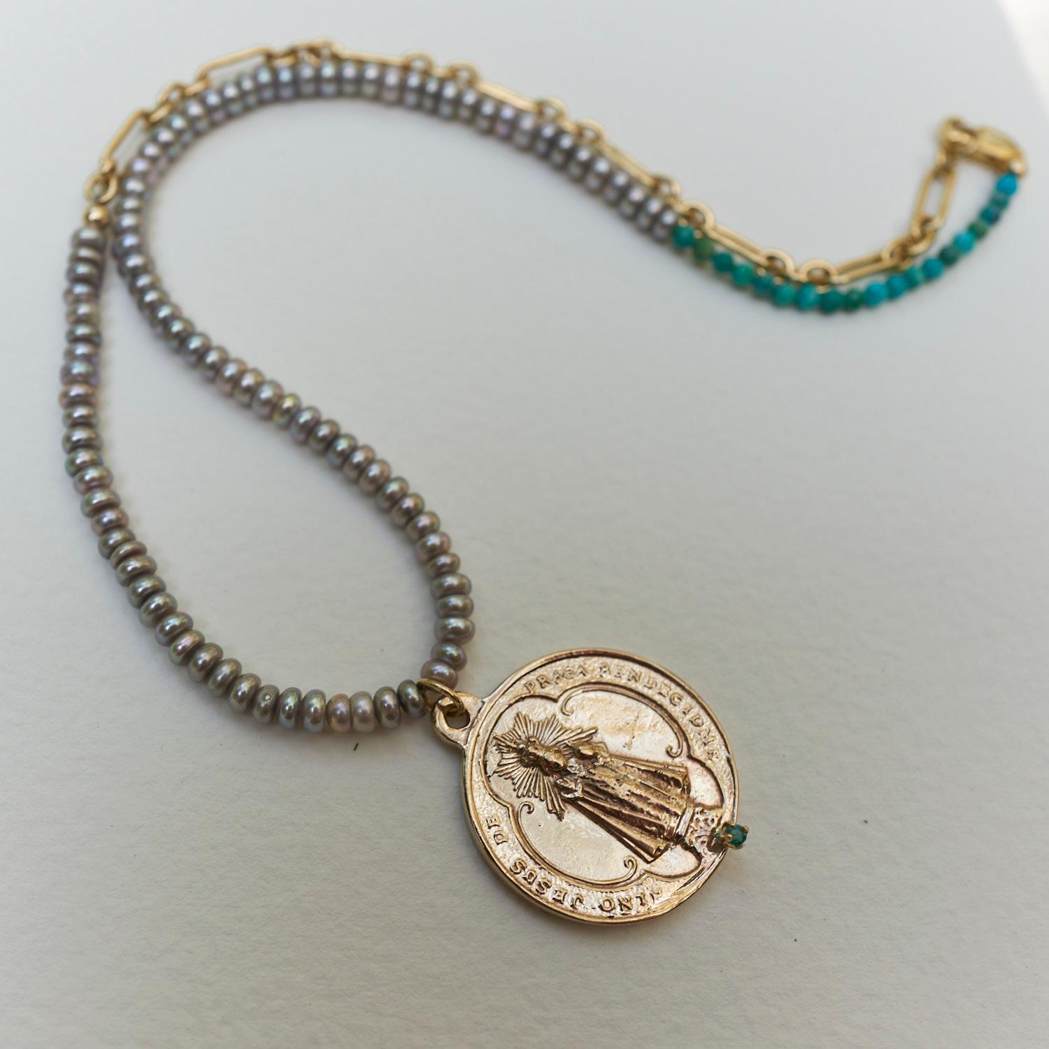 Emerald Medal Choker Chain Bead Necklace Pearl Turquoise J Dauphin
Coin is in bronze and Chain is gold-filled and has pearls and Turquoises.

Made in Los Angeles
Made to order 3-4 weeks to be completed
