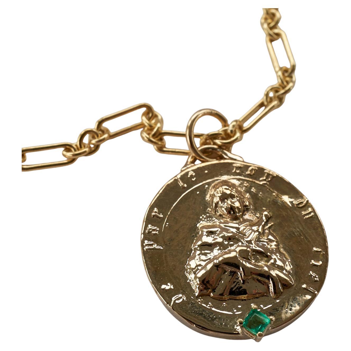 Emerald Medal Long Chain Necklace Joan of Arc