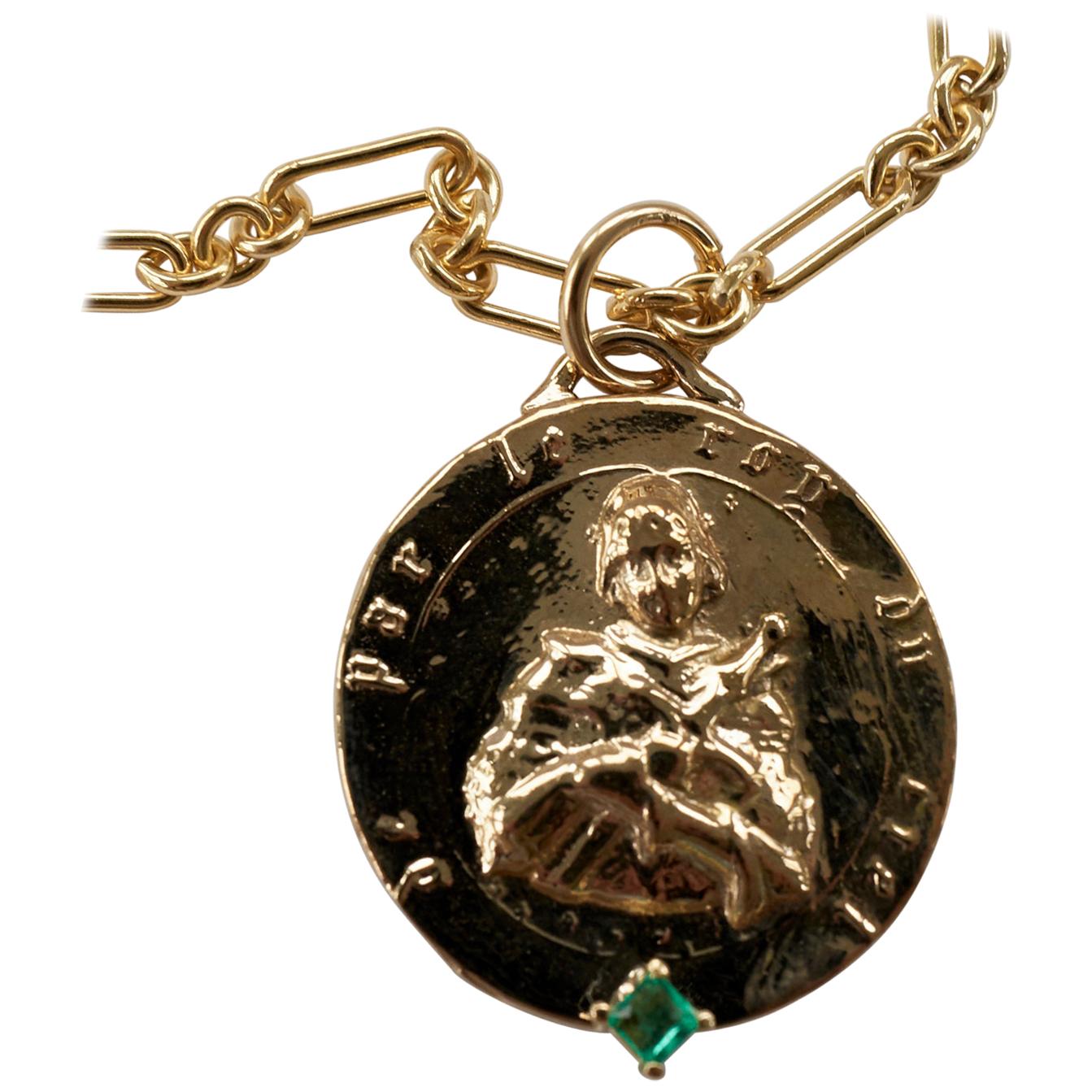 Emerald Medal Long Chunky Chain Necklace Saint Joan of Arc J Dauphin

Exclusive piece with Joan of Arc Medal Round Coin pendant in Bronze with a square Emerald  set in Gold prong and a gold filled Chain. Necklace is 22