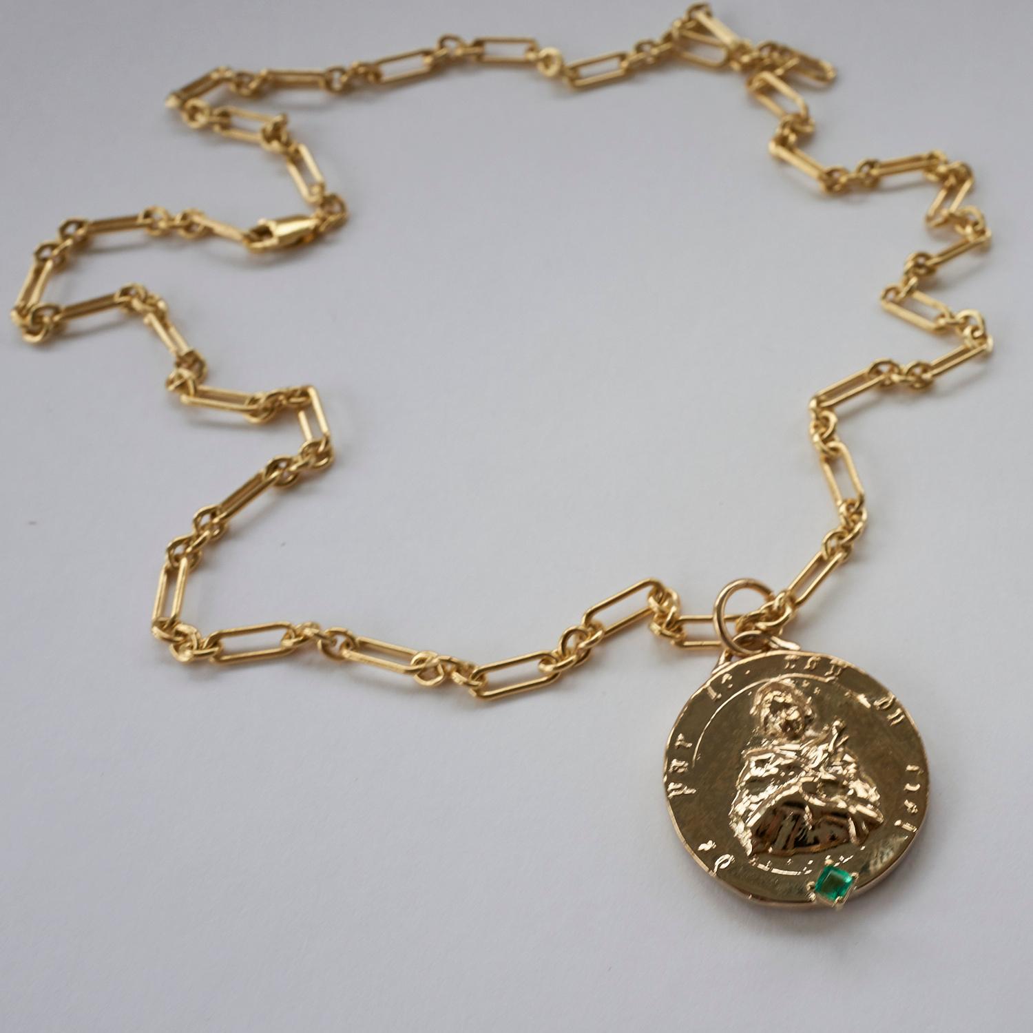 Contemporary Emerald Medal Long Chunky Chain Necklace Saint Joan of Arc J Dauphin For Sale