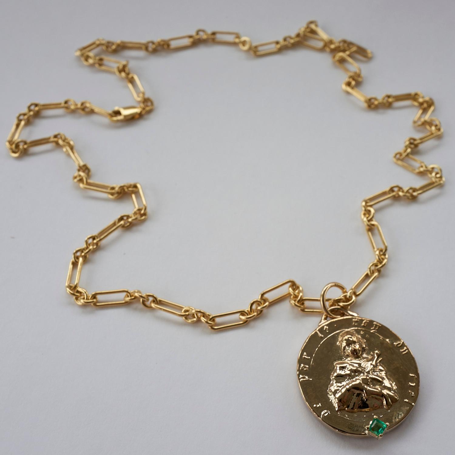 Square Cut Emerald Medal Long Chunky Chain Necklace Saint Joan of Arc J Dauphin For Sale