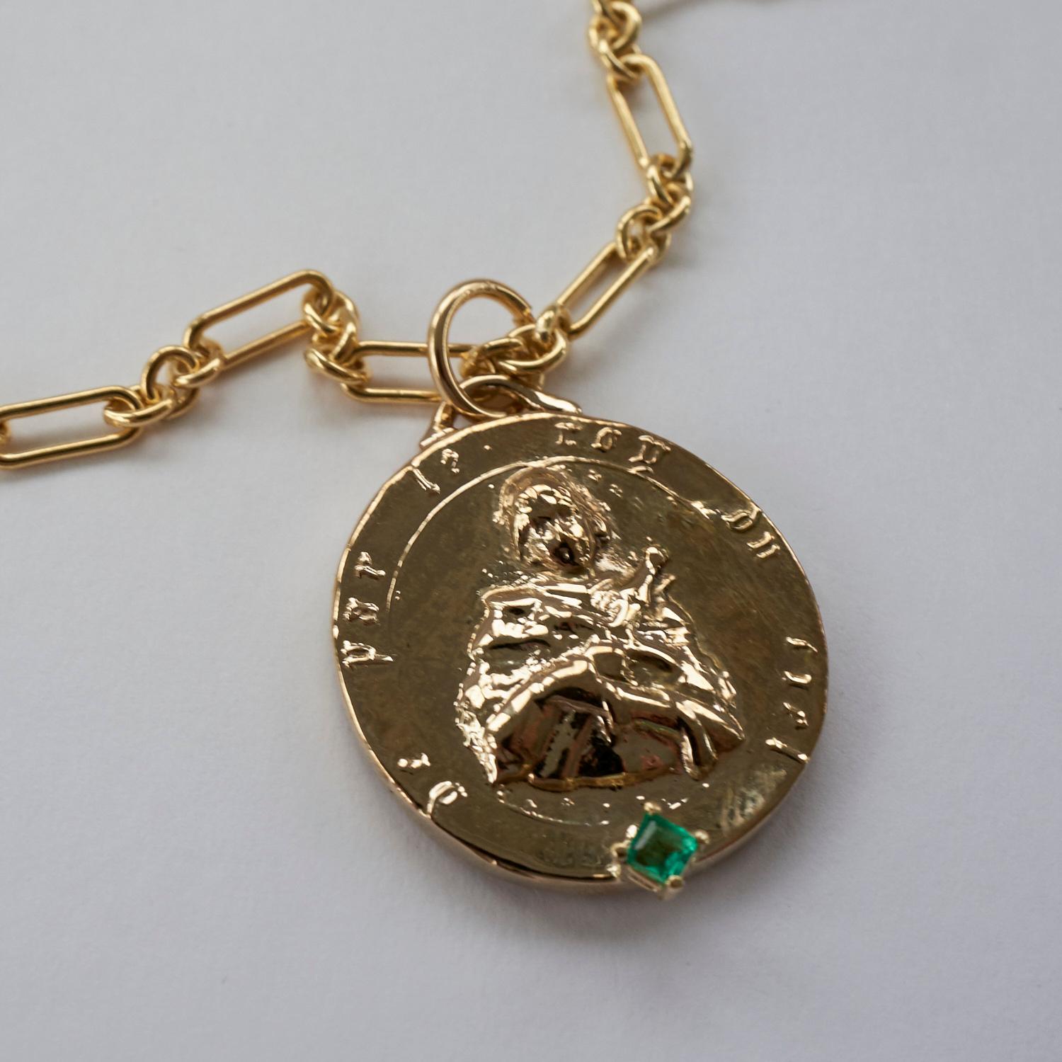 Square Cut Emerald Medal Long Chunky Chain Necklace Saint Joan of Arc J Dauphin For Sale