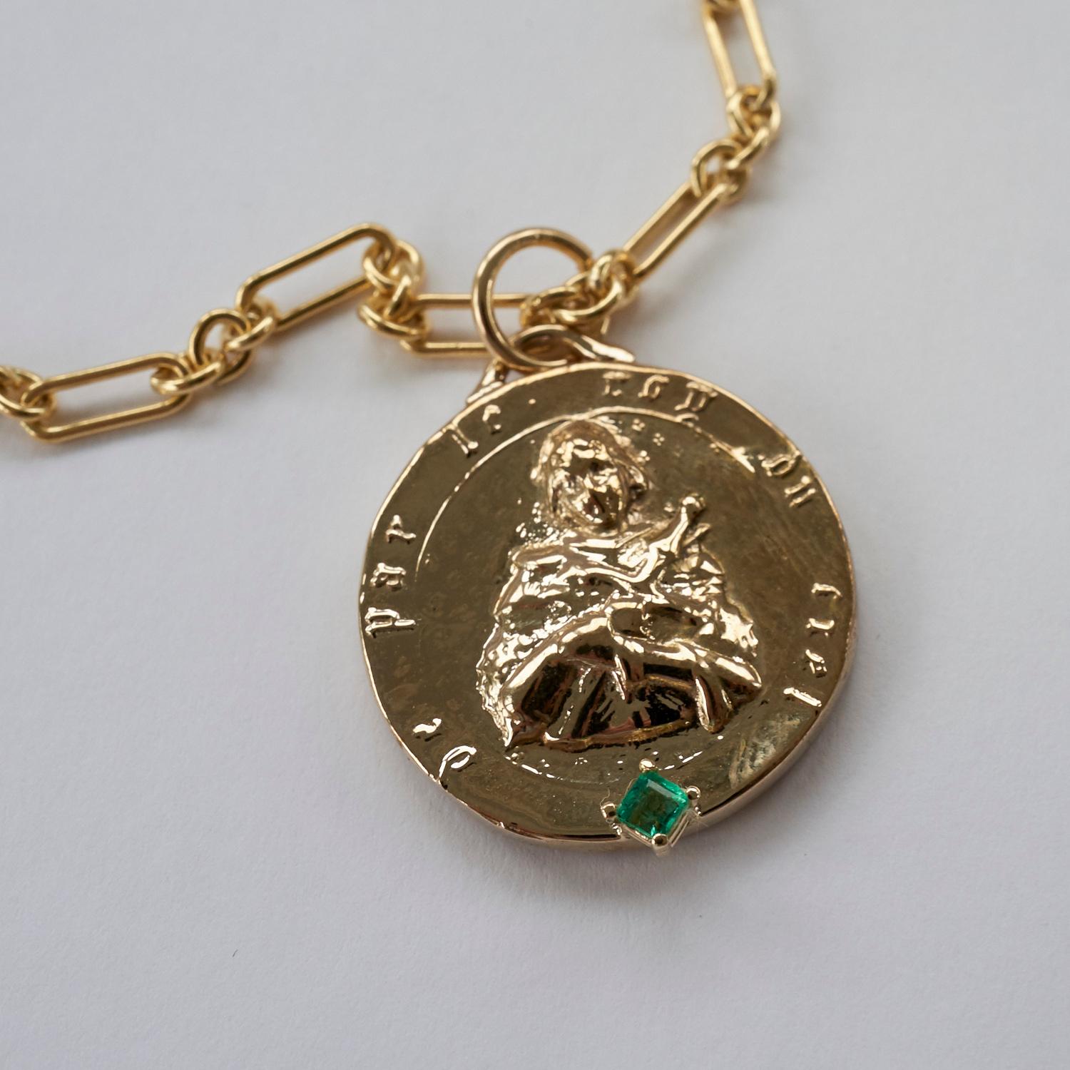 Emerald Medal Long Chunky Chain Necklace Saint Joan of Arc J Dauphin In New Condition For Sale In Los Angeles, CA