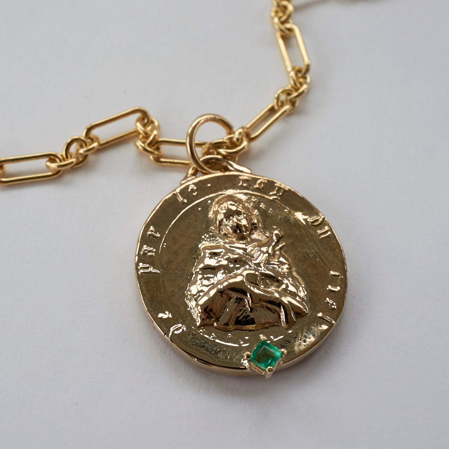 Women's Emerald Medal Long Chunky Chain Necklace Saint Joan of Arc J Dauphin For Sale