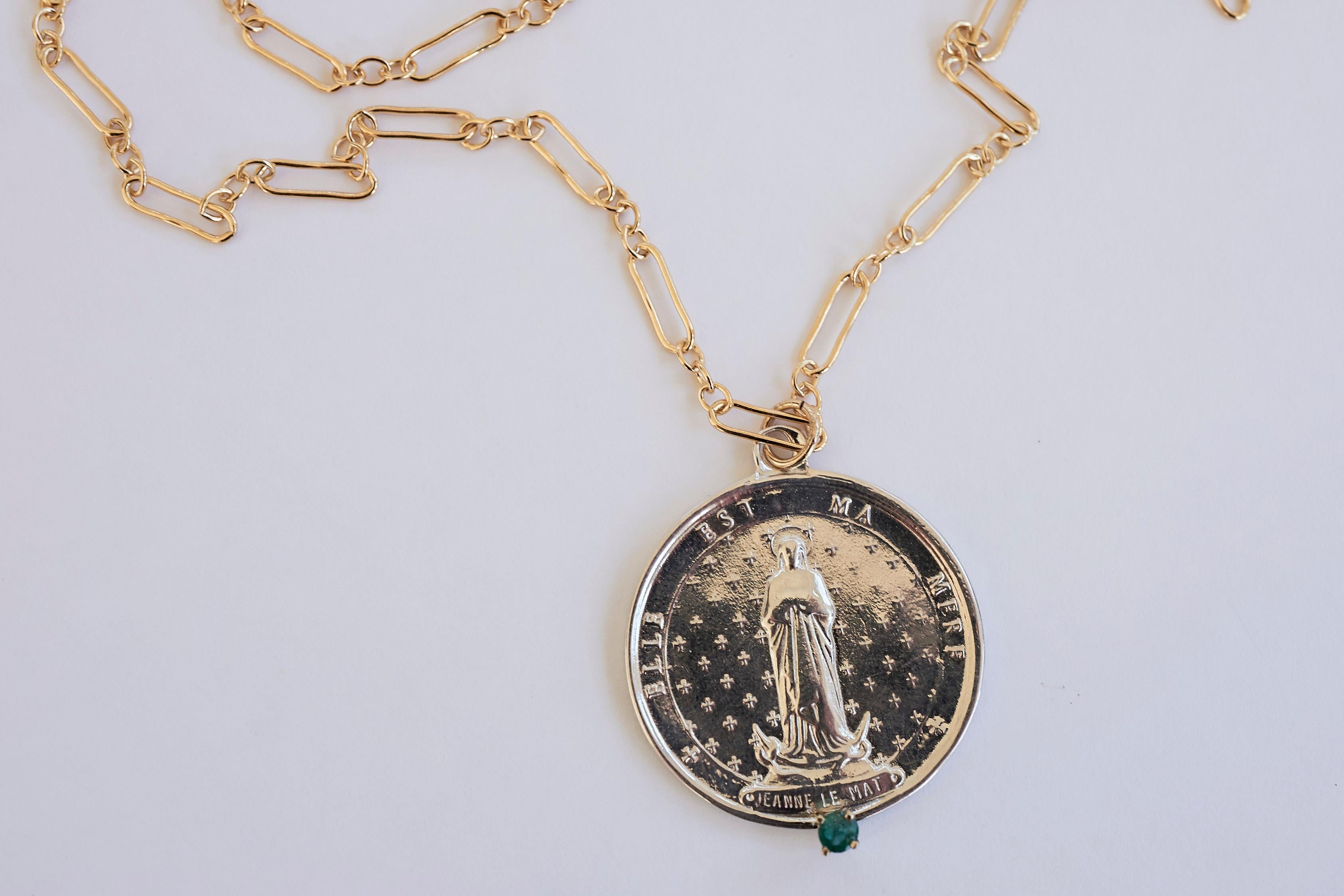 Women's Emerald Medal Necklace Chain Saint Virgin Silver J Dauphin For Sale