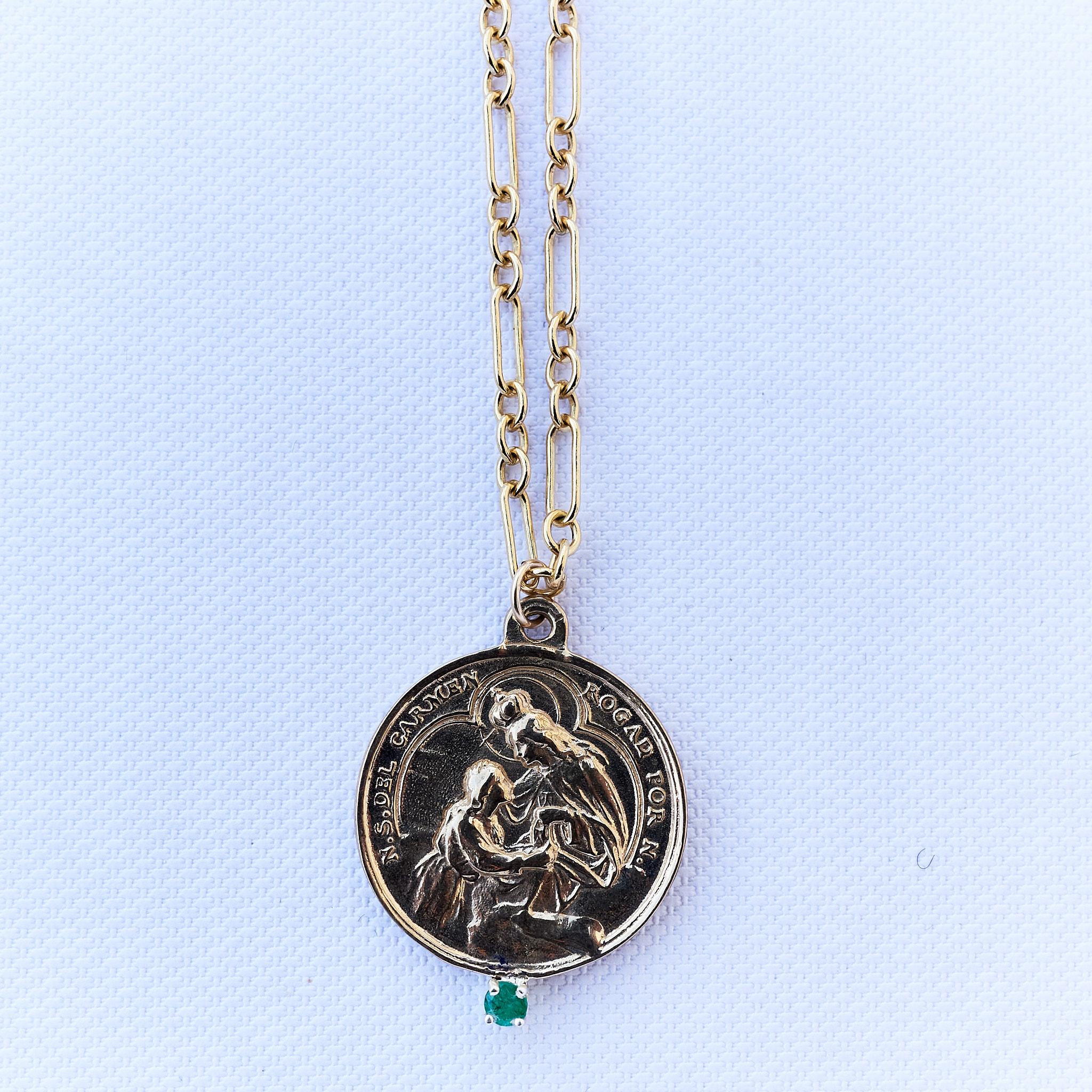 Brilliant Cut Emerald Medal Necklace Virgin Mary Chain J Dauphin For Sale
