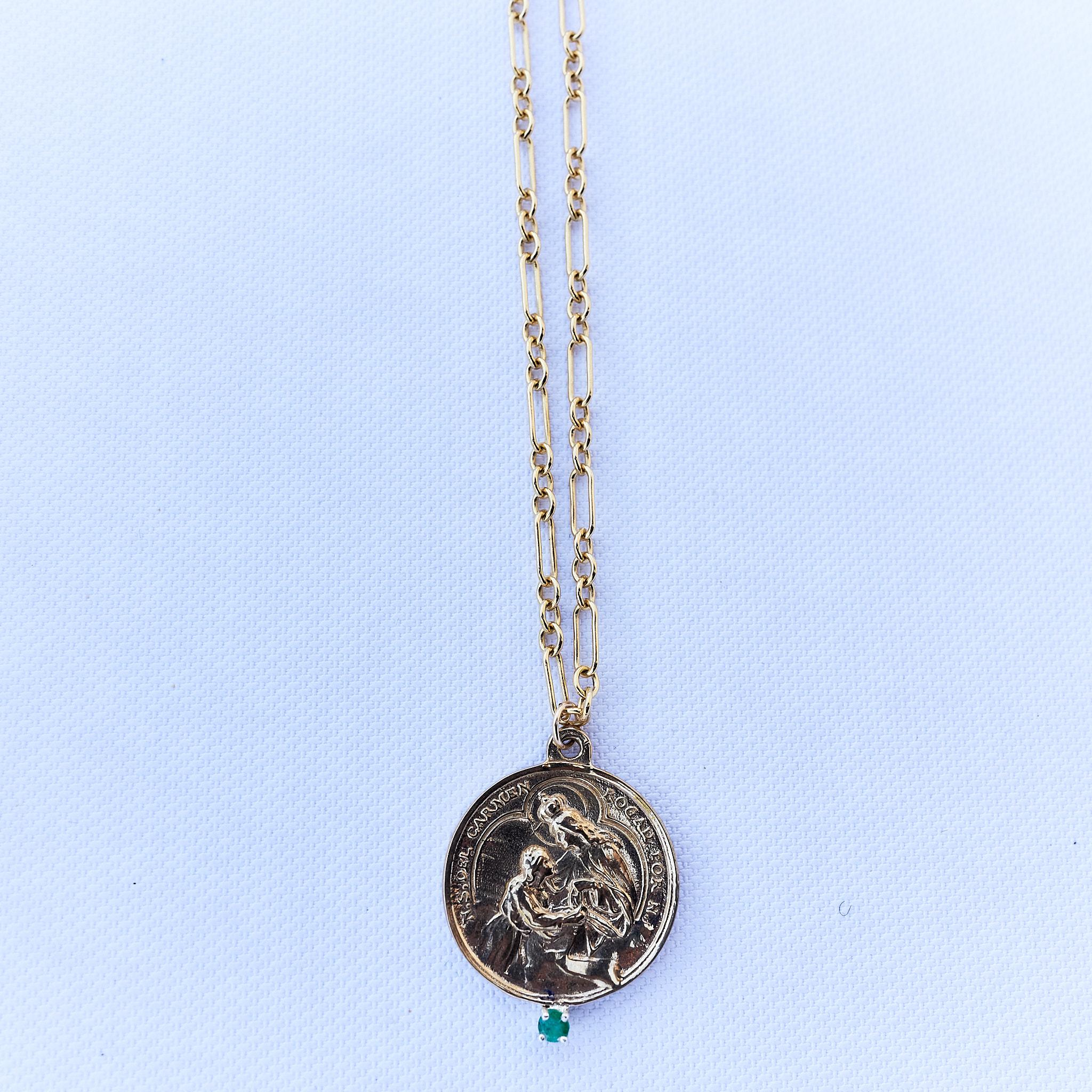 Emerald Medal Necklace Virgin Mary Chain J Dauphin In New Condition For Sale In Los Angeles, CA