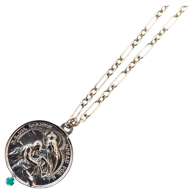 Emerald Medal Necklace Virgin Mary Chain J Dauphin For Sale