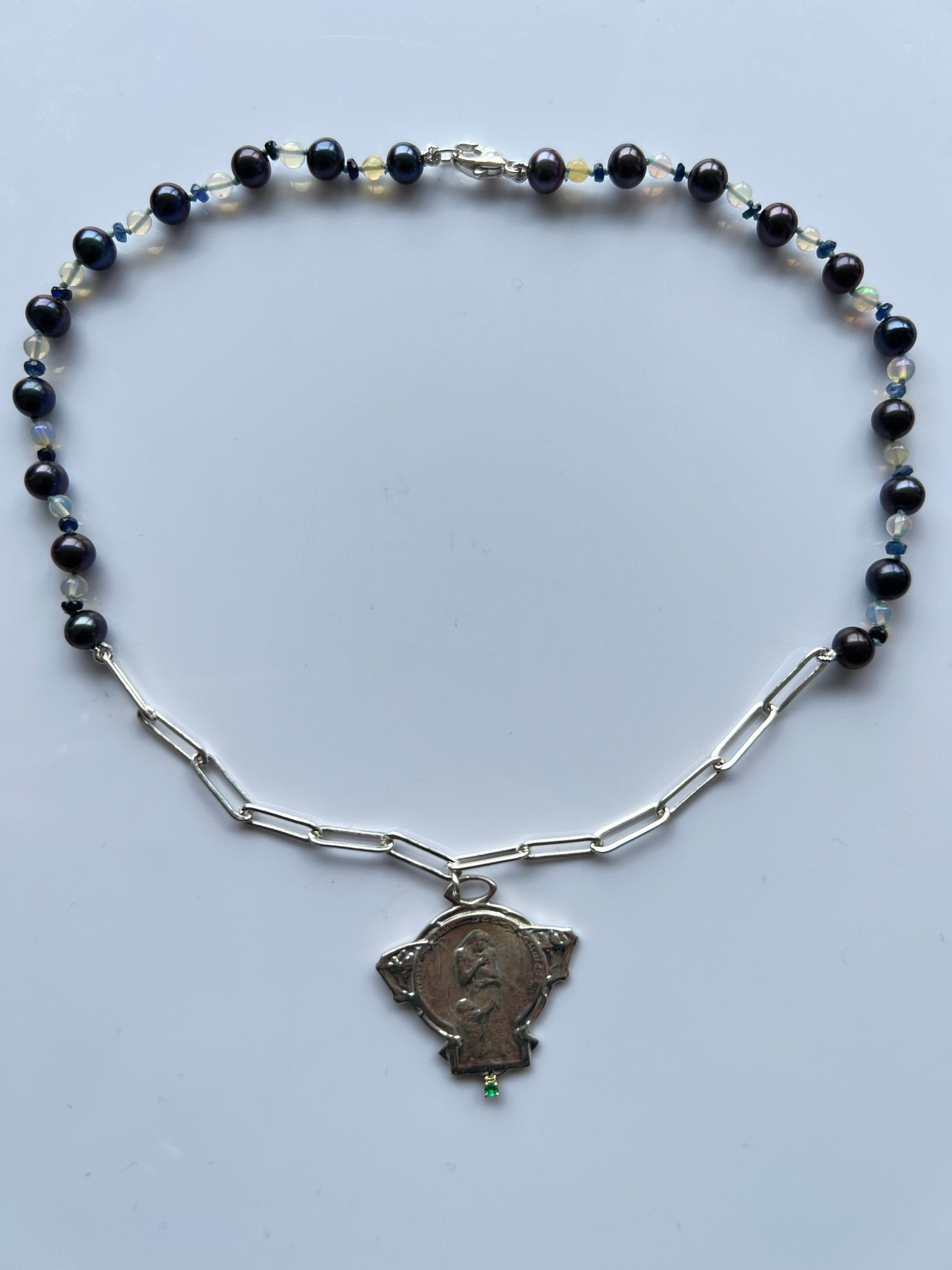Smaragd Medaillon Jungfrau Maria Schwarz Perle Choker Halskette Silberkette  (Zeitgenössisch) im Angebot